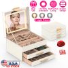 Jewelry Box with LED Mirror 3-Layer Jewelry Organizer with 2 Drawers PU Jewelry Holder with 3 Mirror Light Colors Dimmable for Earrings Rings Bracelet
