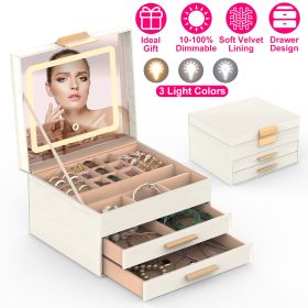 Jewelry Box with LED Mirror 3-Layer Jewelry Organizer with 2 Drawers PU Jewelry Holder with 3 Mirror Light Colors Dimmable for Earrings Rings Bracelet