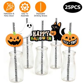 25Pcs Halloween Party Striped Decorative Straws Disposable Drinking Straws Paper Straw Decor Happy Halloween Ghost Lantern Black Cat Halloween Party S