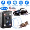 2 Pack Under Hood Ultrasonic Rodent Repeller Rodent Chaser for Vehicle Indoor Mouse Wildcat Control with 3 Power Supplies Strobe Light Alarm Sound for