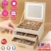 Jewelry Box with LED Mirror 3-Layer Jewelry Organizer with 2 Drawers PU Jewelry Holder with 3 Mirror Light Colors Dimmable for Earrings Rings Bracelet