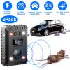 2 Pack Under Hood Ultrasonic Rodent Repeller Rodent Chaser for Vehicle Indoor Mouse Wildcat Control with 3 Power Supplies Strobe Light Alarm Sound for