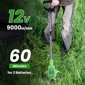 12V 200W Cordless Grass Trimmer Rechargeable Lawn Mower 9000M/Min Weed Cutter with Saw Blade 2 Stainless Steel Blades 10 Plastic Blades 2 Rechargeable