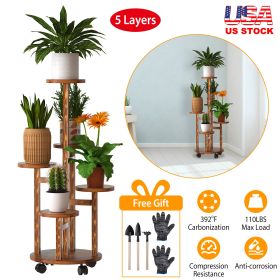 5 Tier Plant Stand with 4 Detachable Wheels Wooden Plant Pot Rolling Shelf Plant Display Rack for Indoor Outdoor Decoration