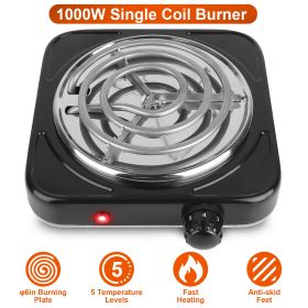 1000W Electric Single Burner Portable Coil Heating Hot Plate Stove Countertop RV Hotplate with Non Slip Rubber Feet 5 Temperature Adjustments (Option: 1Burner_Black)
