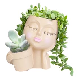 Girl Face Planter Pot Dual Opening Flower Pot With Drainage Hole Lady Head Resin Plant Pot For Succulent Cactus Indoor Outdoor (Option: Khaki)