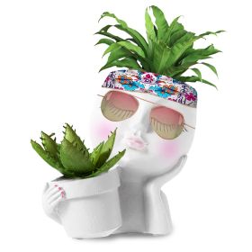 Girl Face Planter Pot Dual Opening Flower Pot With Drainage Hole Lady Head Resin Plant Pot For Succulent Cactus Indoor Outdoor (Option: White)